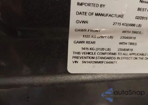 2015 Nissan Pathfinder Platinum/S/Sl/Sv from USA, damaged, VIN 5N1AR2MM0FC648671